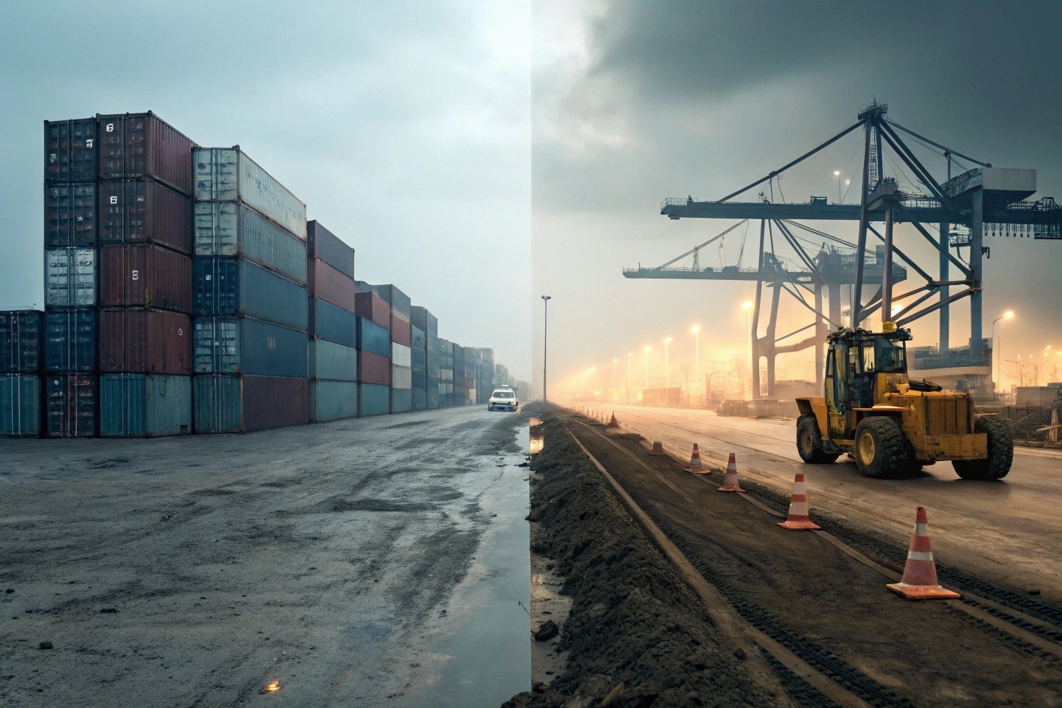 Stacked shipping containers and cranes at port