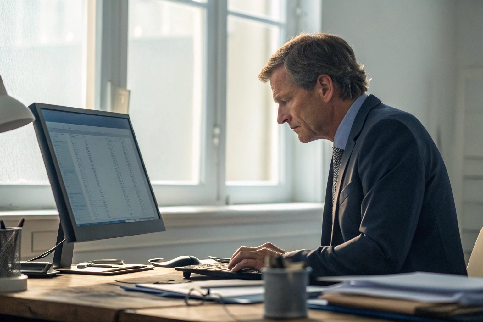 Operations manager analyzing financial spreadsheet on desktop computer