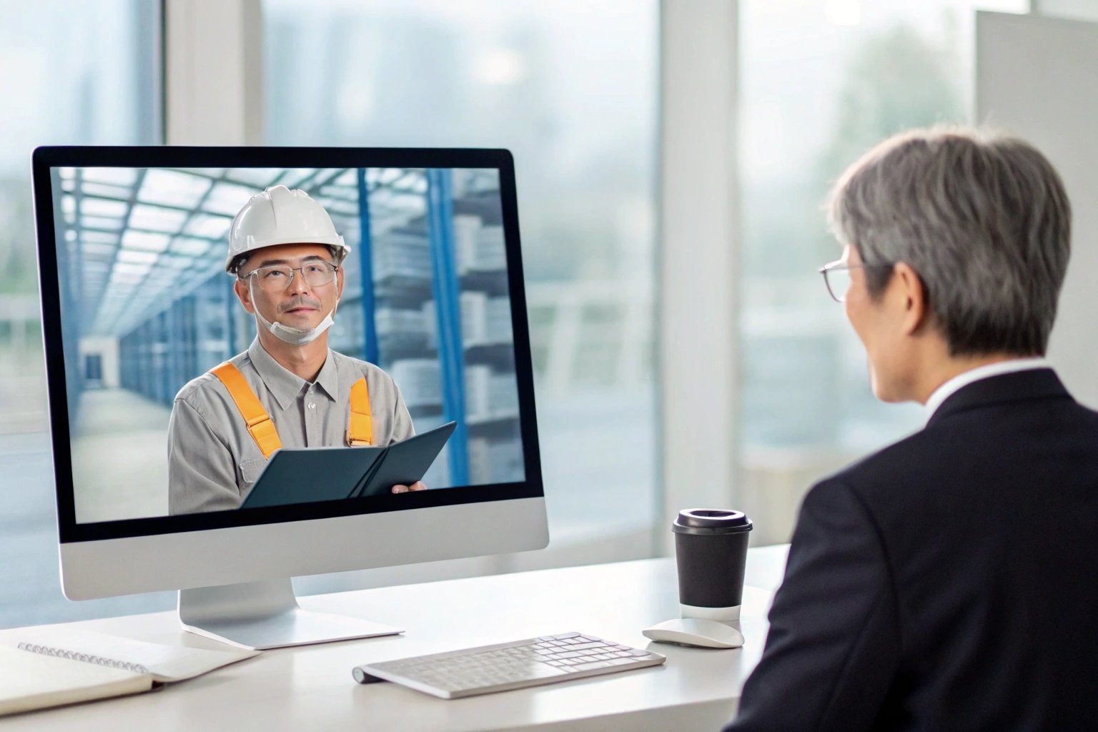 Manager video conferencing with warehouse engineer about operations