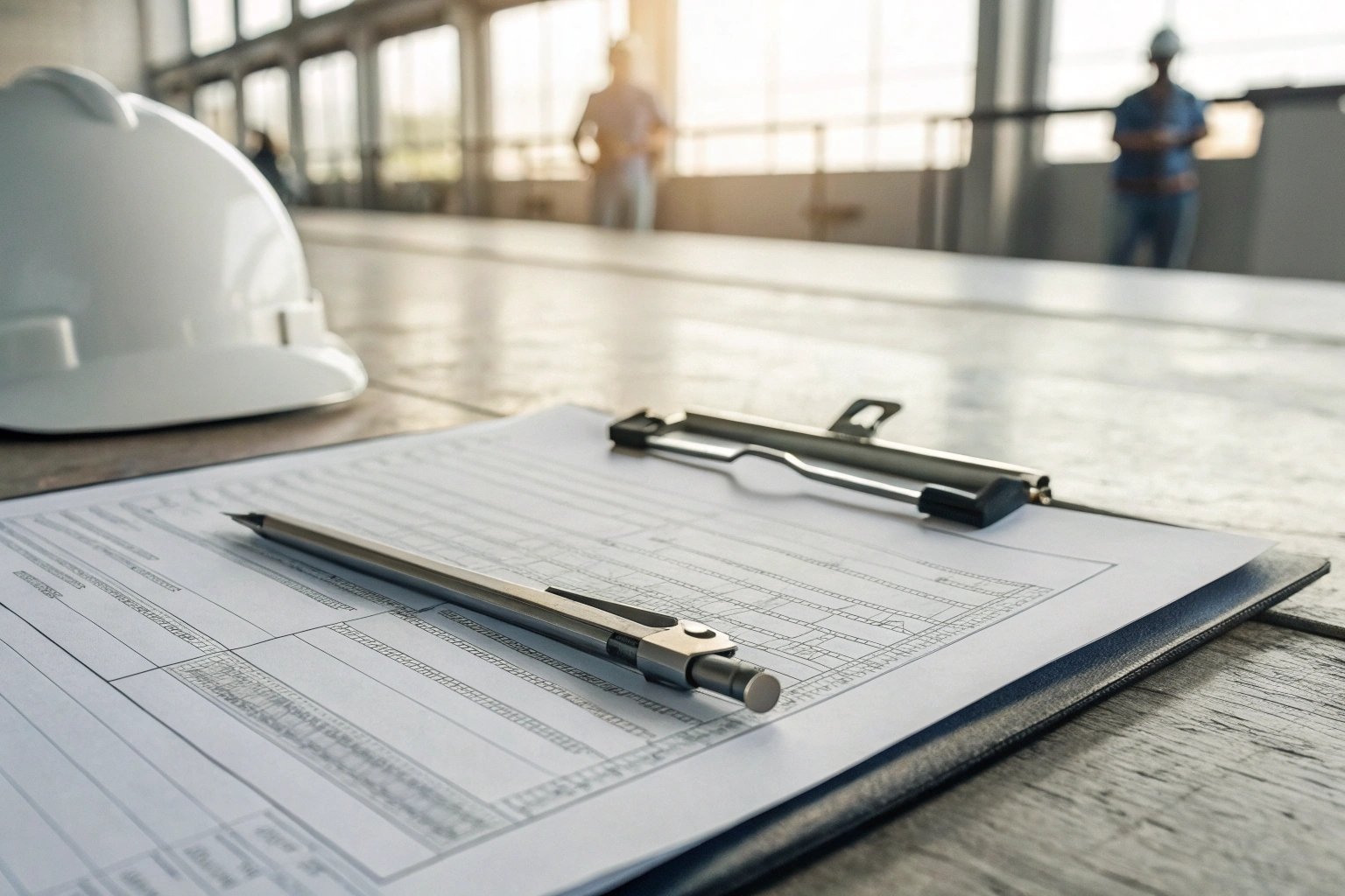 Construction safety checklist on clipboard with hard hat at site