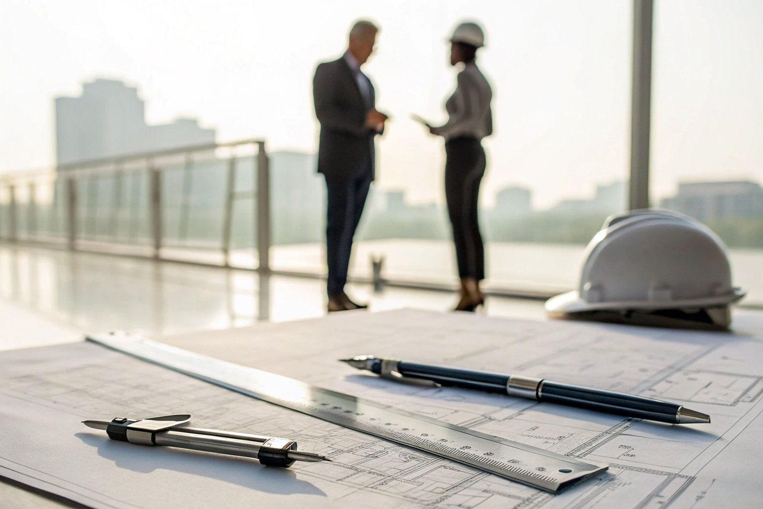 Engineering blueprints with caliper and ruler, construction contractors discussing plans on site