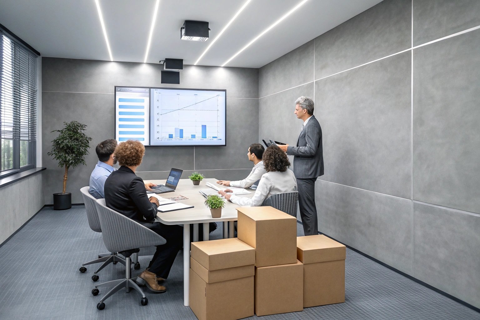 Supply chain team reviewing sales and shipping metrics presentation, cardboard boxes nearby