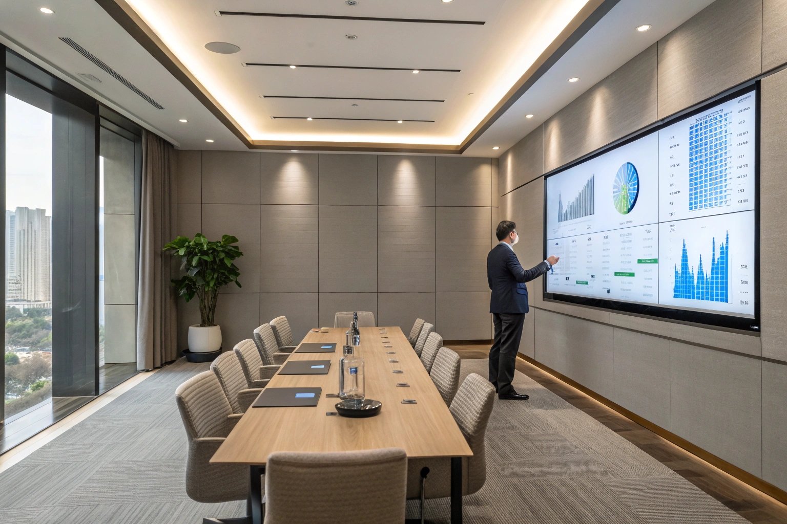 Industrial design boardroom with large gear centerpiece and video conference screen.