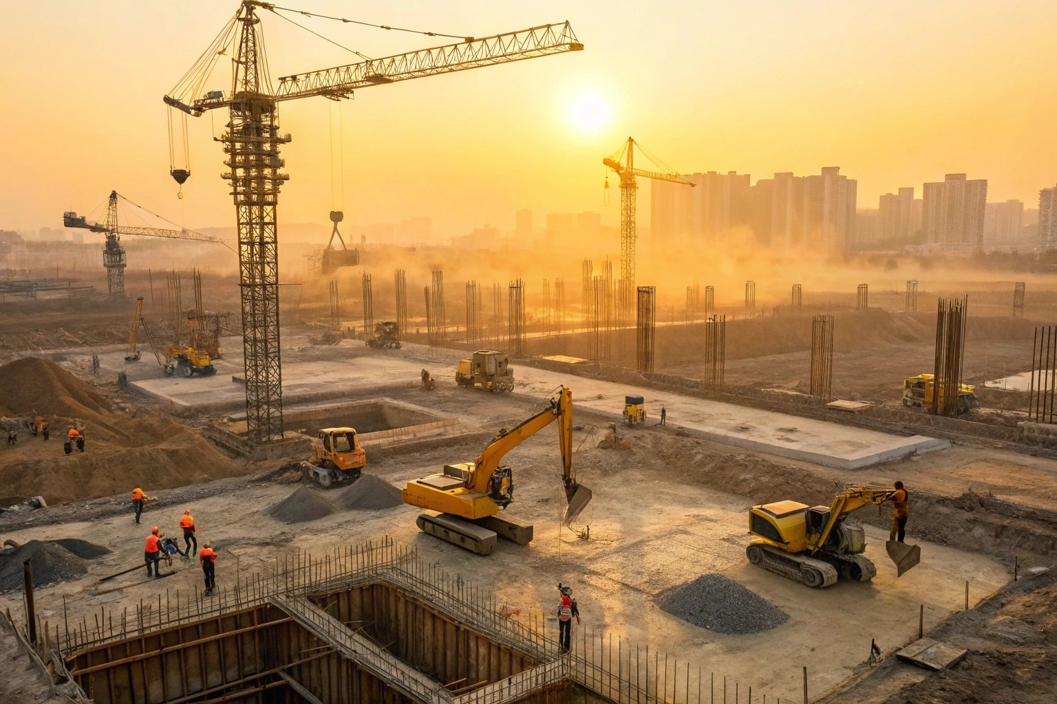 Construction site with cranes, excavators, workers at sunset building foundations.