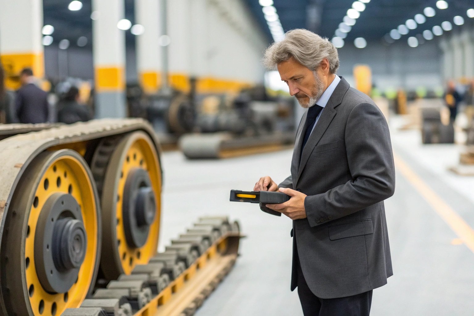 Track quality audit Executive performing quality inspection on crawler track assembly inside factory.