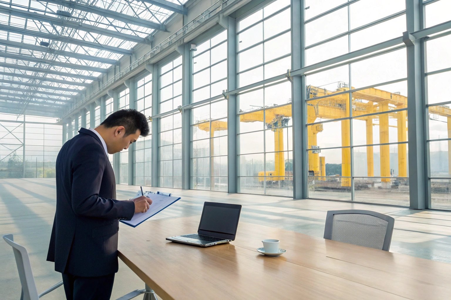 Industrial review Executive reviewing documents inside industrial facility with cranes visible outside