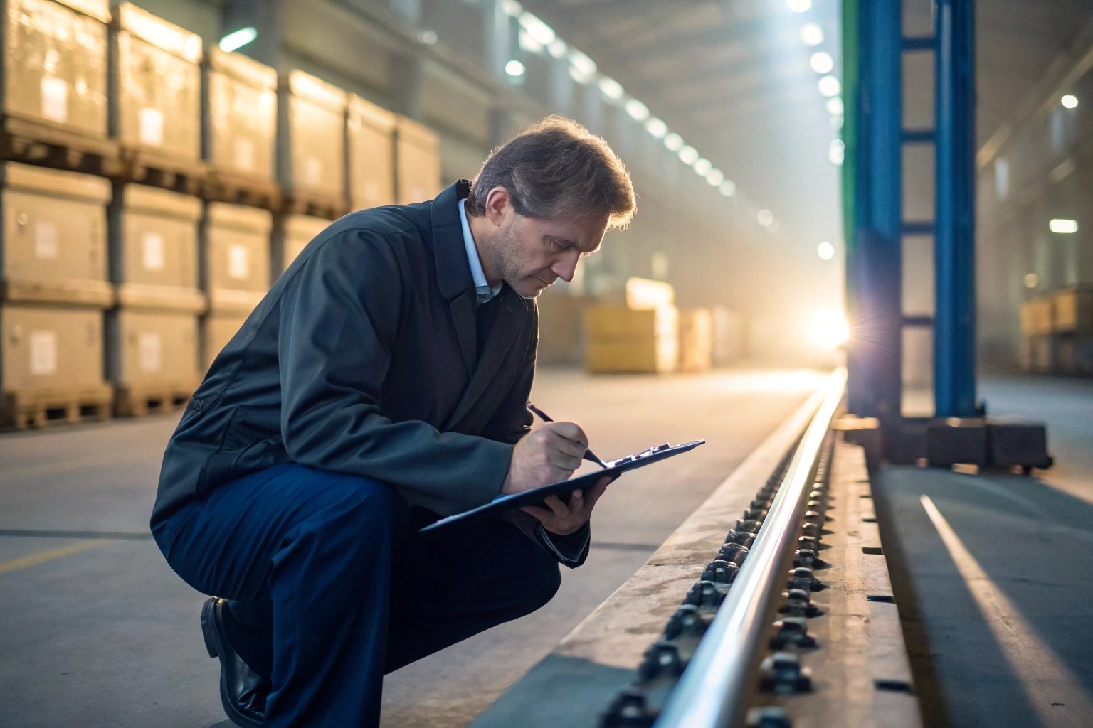 Warehouse worker examining rail alignment closely