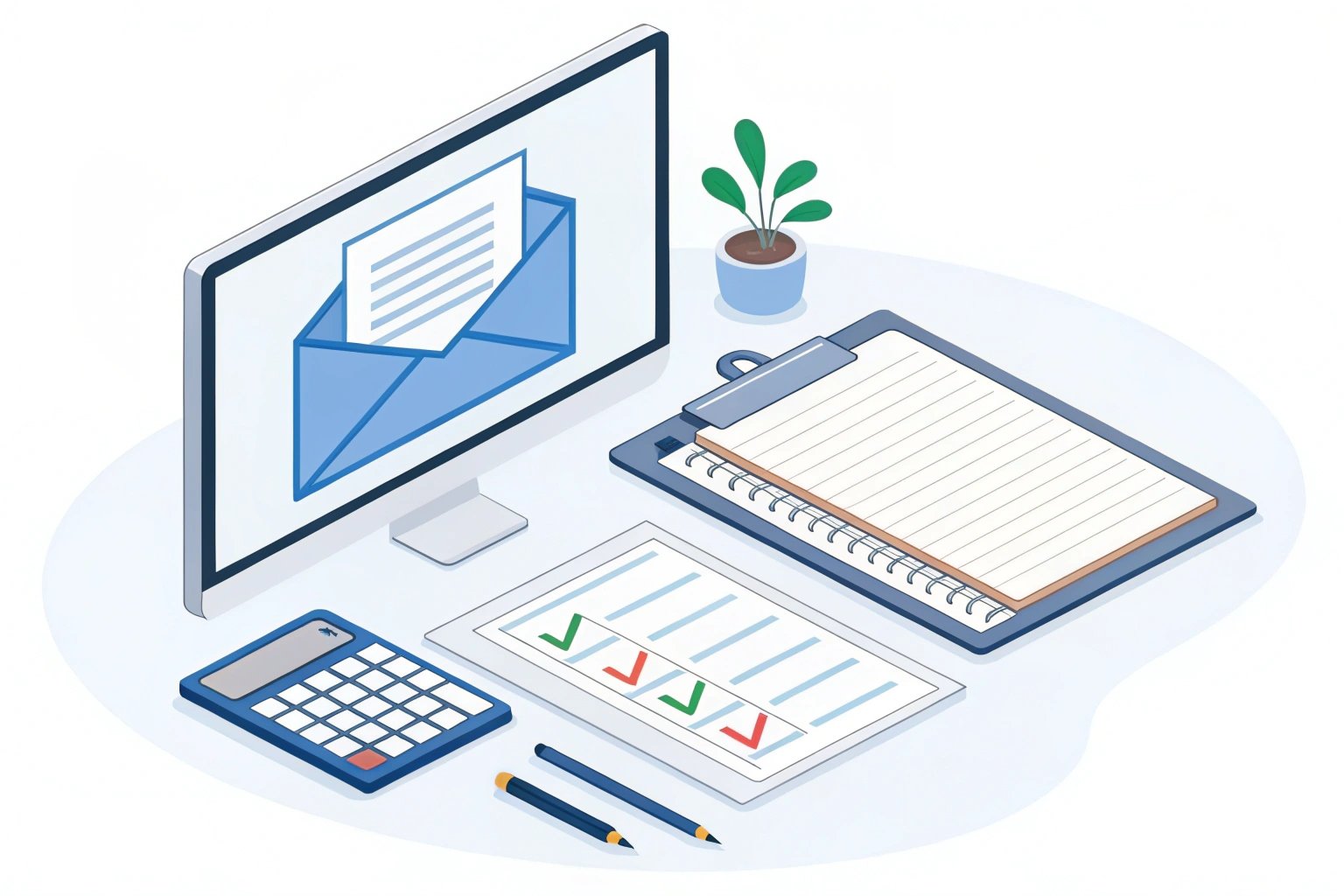 Illustrated workspace showing email and checklist