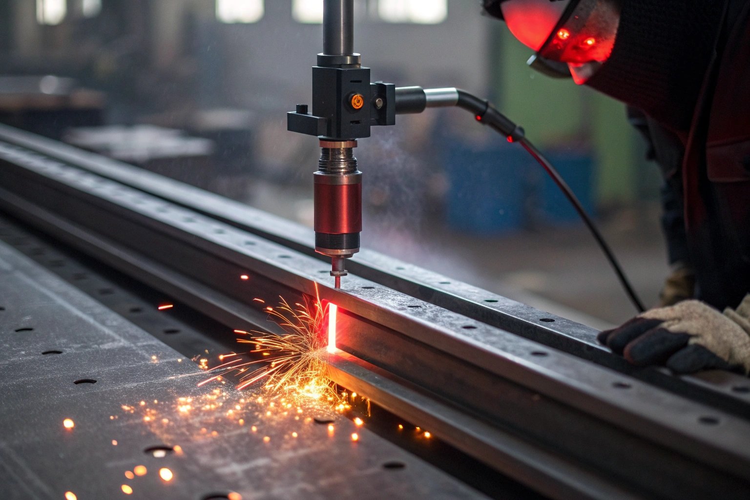 Industrial laser cutting metal, creating sparks