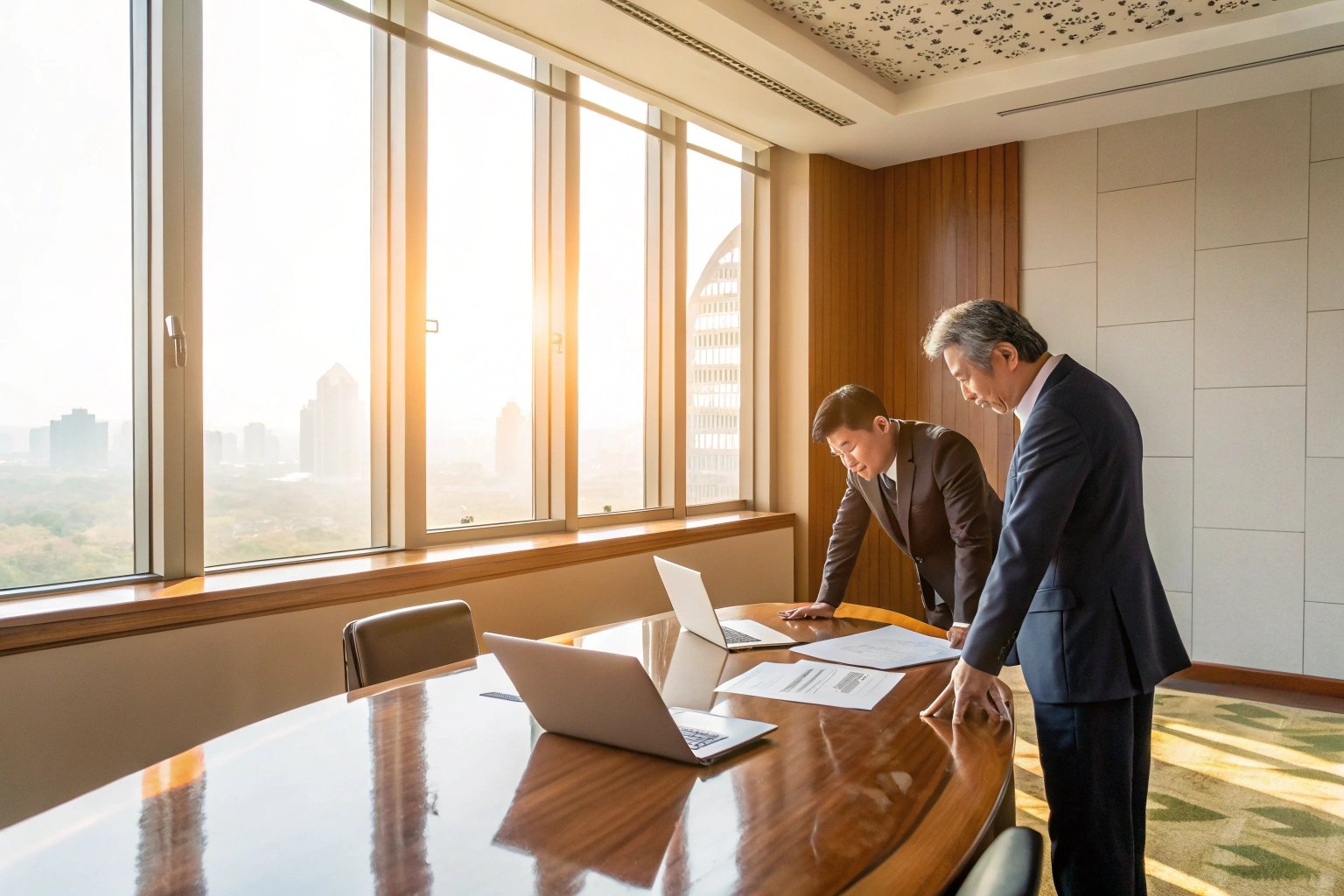 Business meeting in modern boardroom with city view