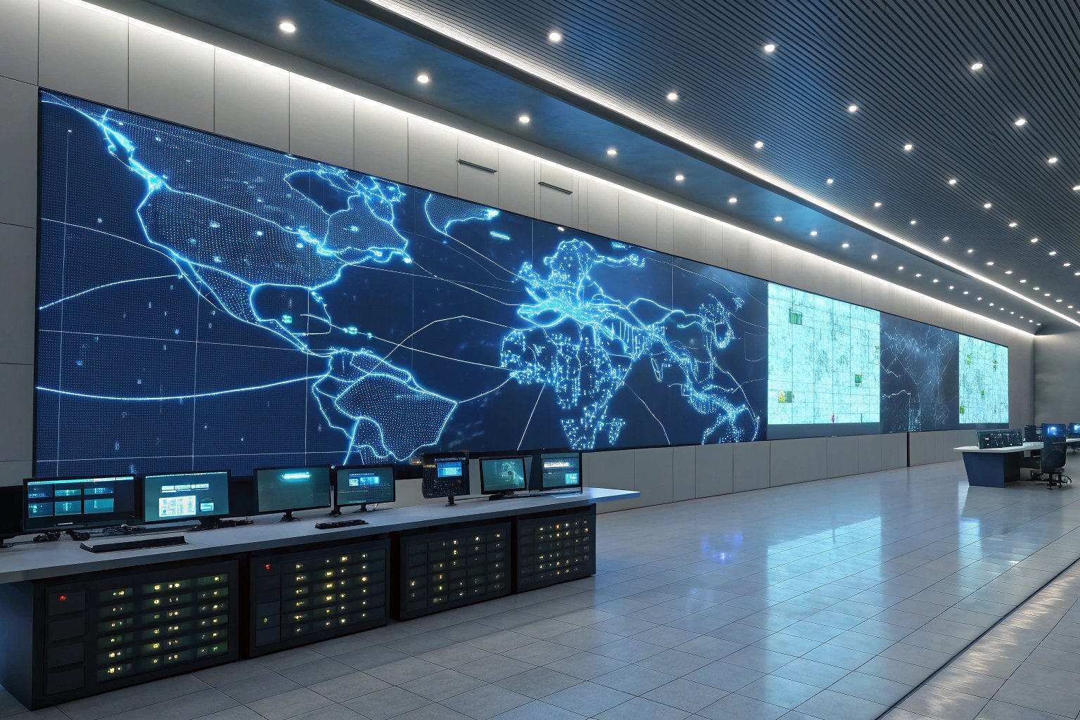 Advanced operations room with global network map displays