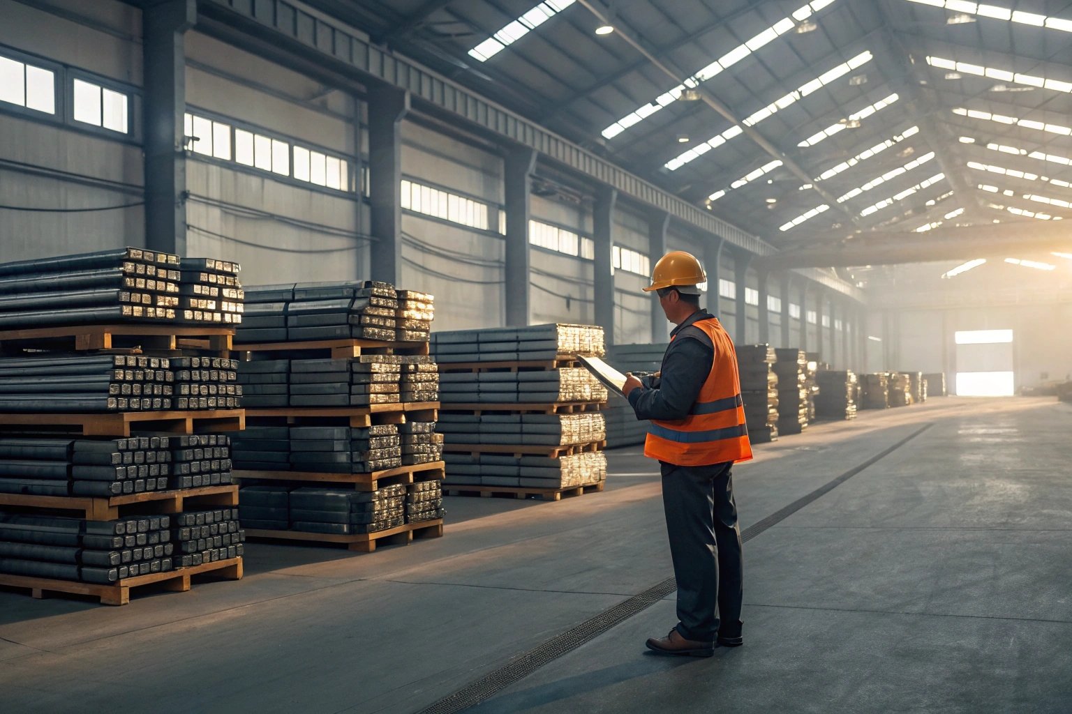Worker analyzes steel stacks within a spacious warehouse, monitoring inventory and product quality.