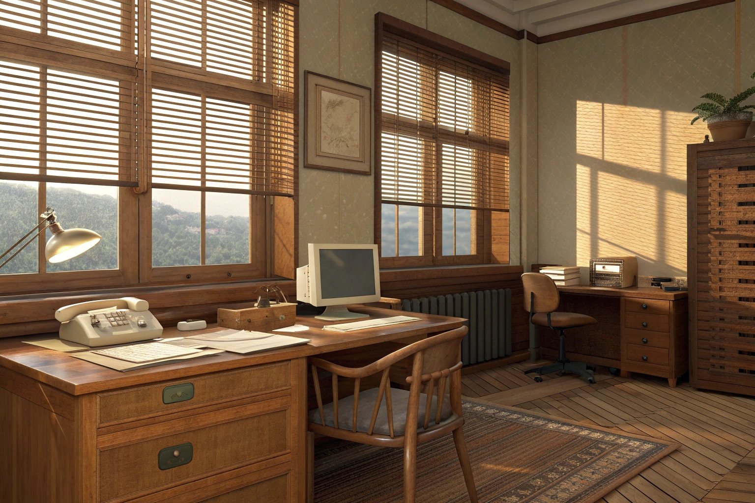 Classic office setting with wooden furniture and natural light streaming in