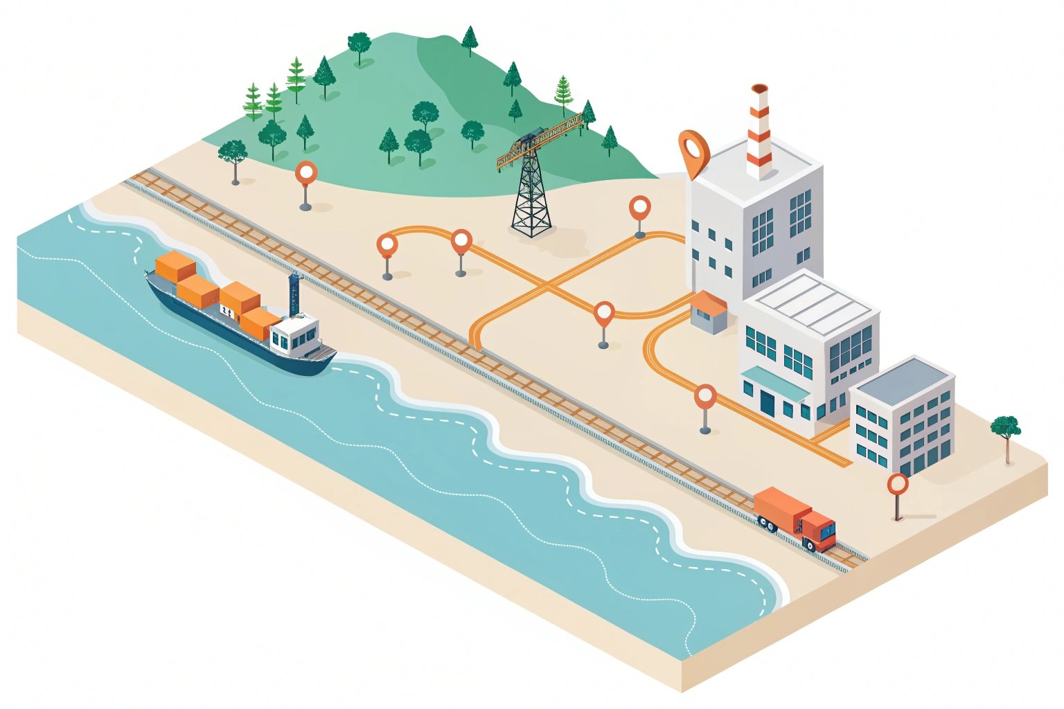 Logistics Overview Factory and cargo ship isometric illustration