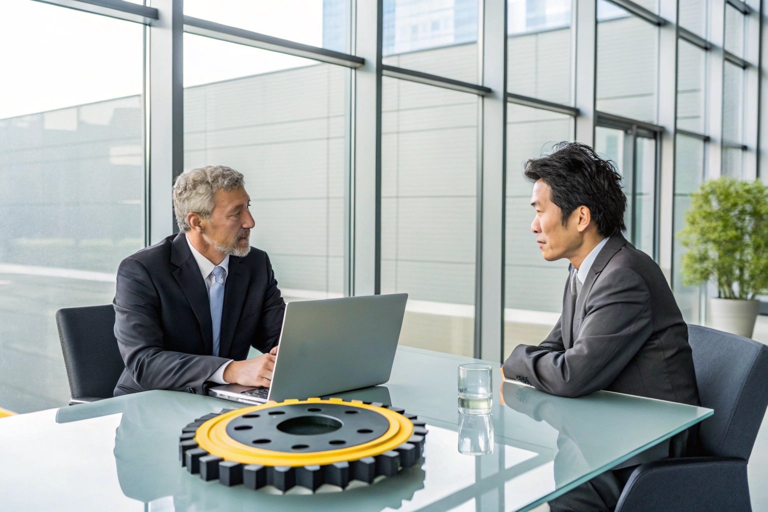 Technical Conversation Discussion with a gear on table in glass-walled office.
