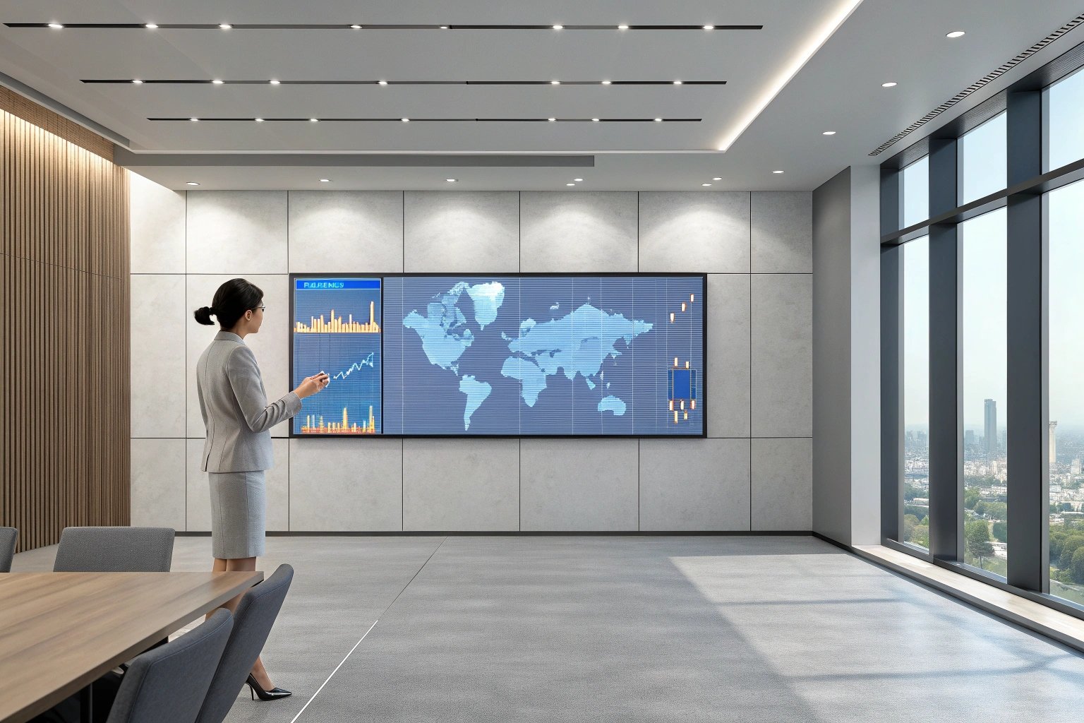 Professional presenting global market trends in conference room.