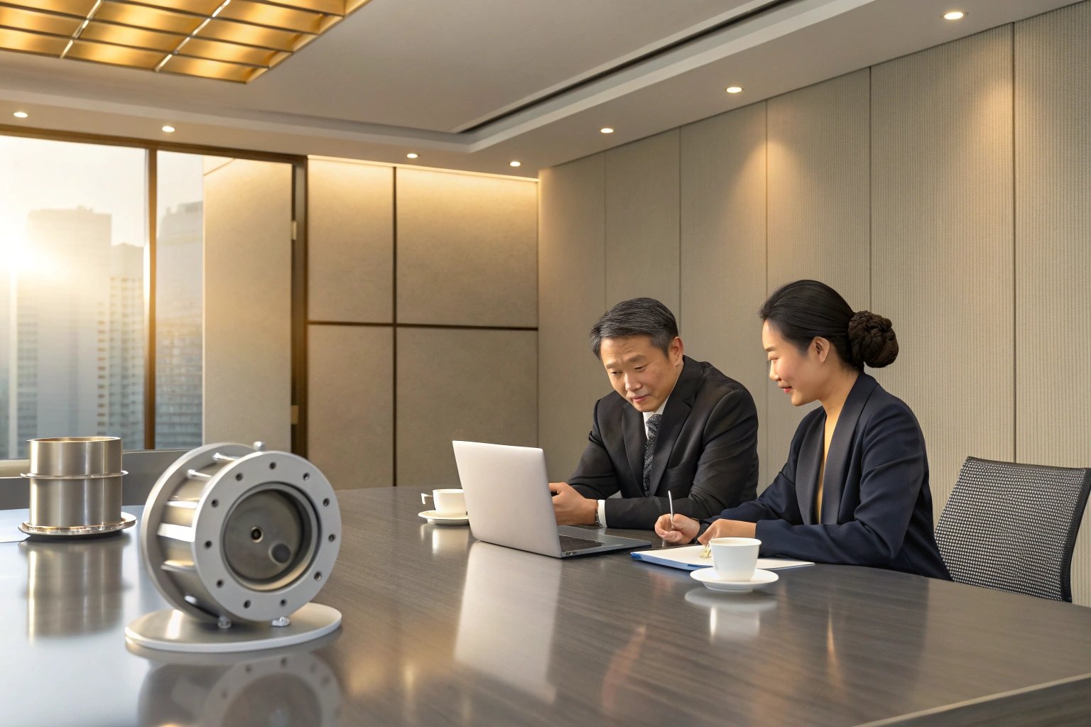 Executives reviewing documents in a conference room with industrial components on the table.