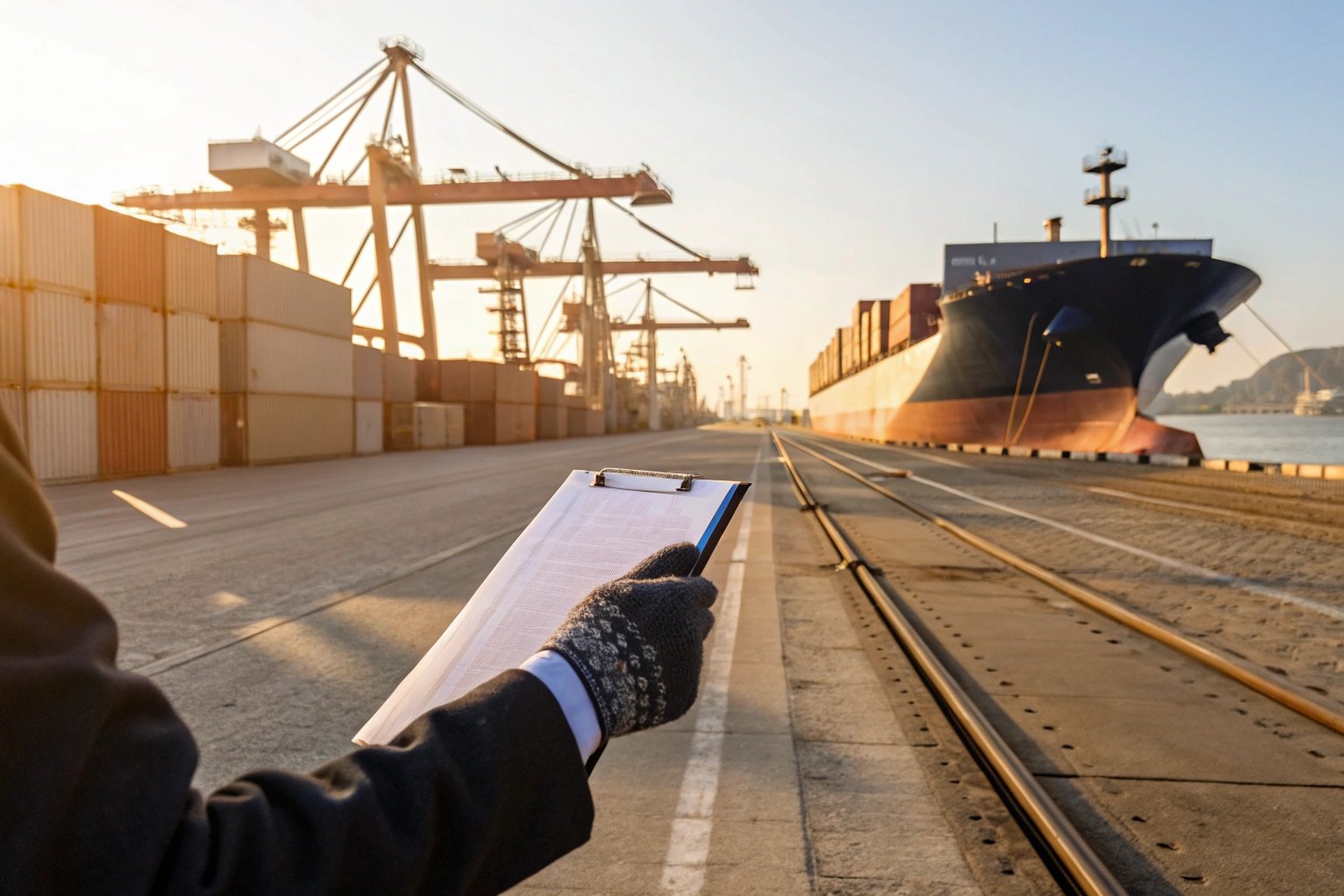 Shipping port inspection with clipboard and docked cargo vessel.