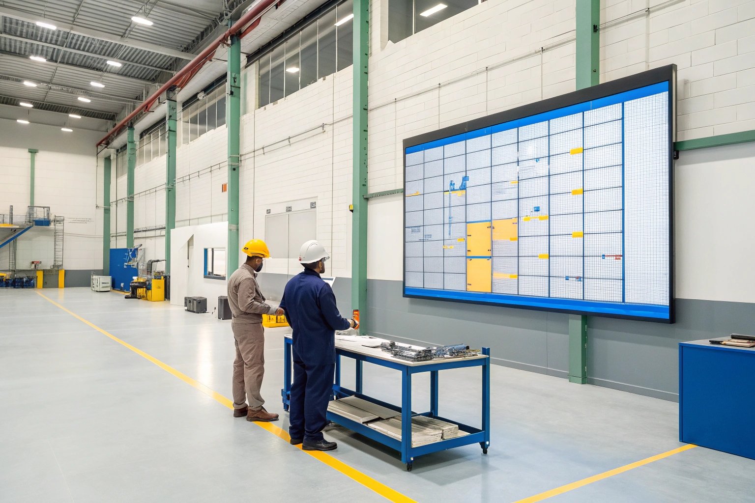 Personnel operating digital control panel in facility