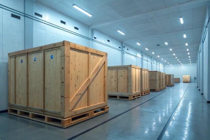 Corridor with large stored wooden crates