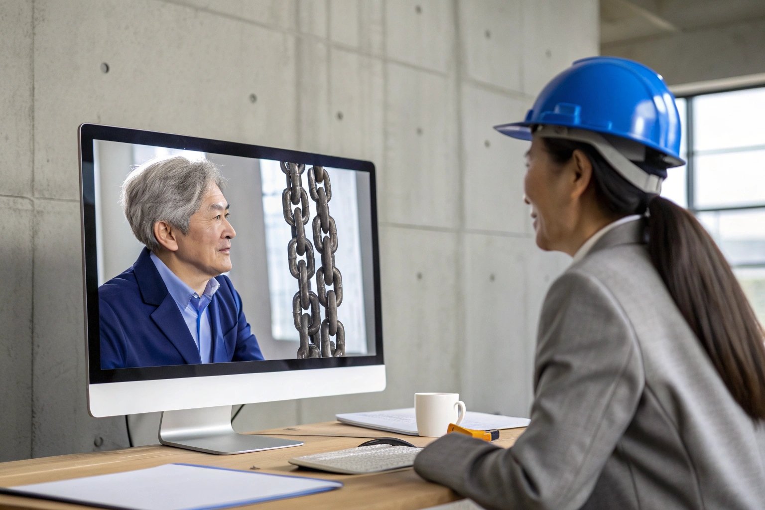 Woman in hard hat having video conference with professional on screen.