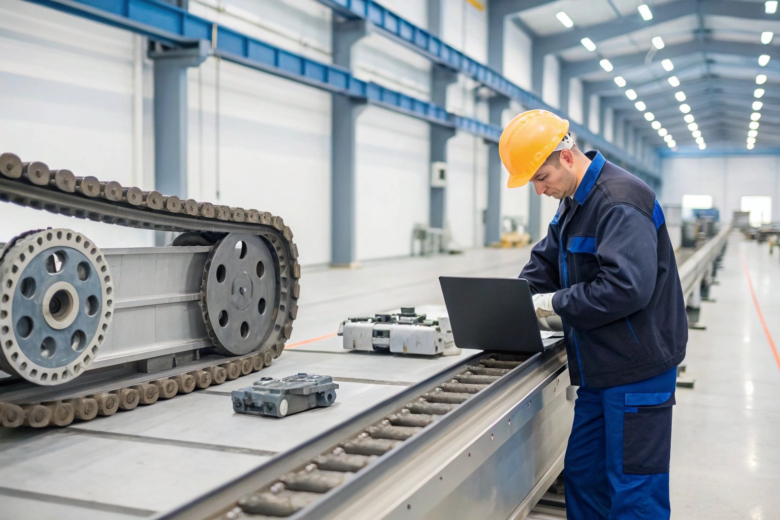 Engineer using laptop beside conveyor with tracks in factory.