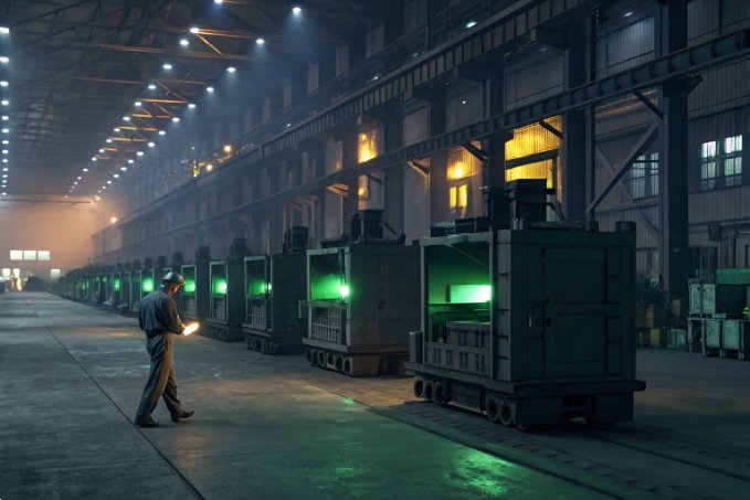 Large industrial facility with green-lit machines