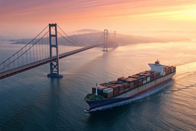 Container ship sailing under a bridge with sunset backdrop