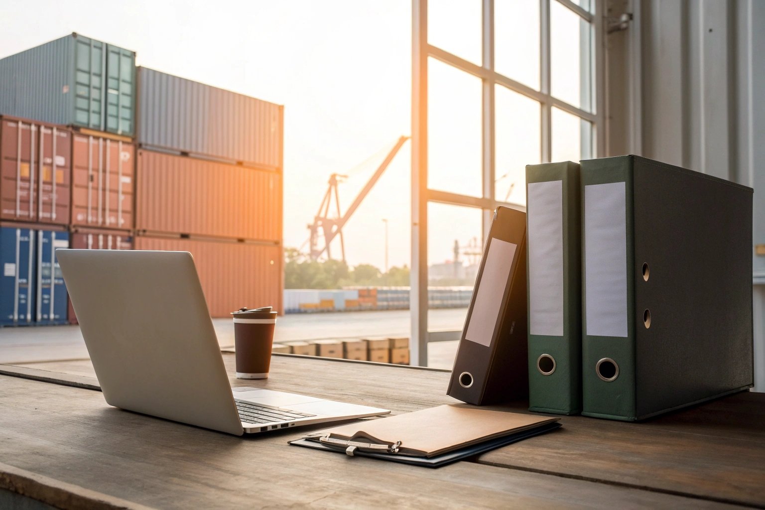 Office desk in shipping container terminal.
