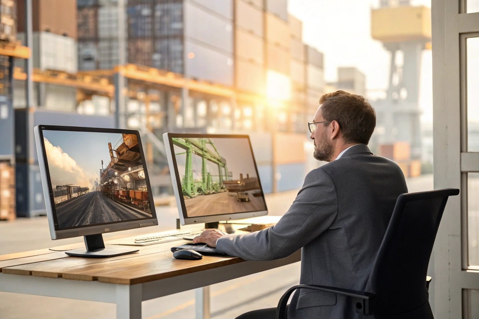 Logistics analyst monitoring port activities on dual screens