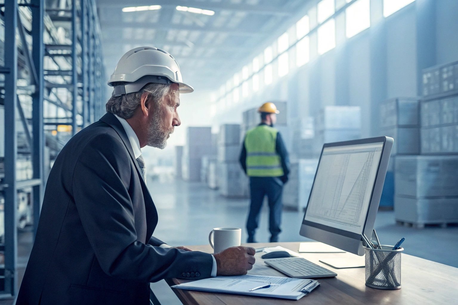 Warehouse manager using computer in industrial warehouse, hardhat safety.
