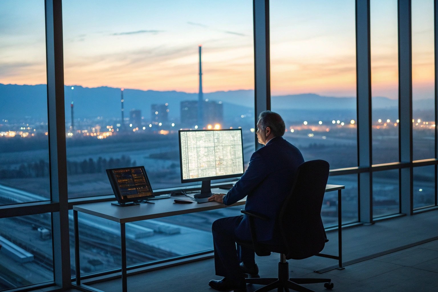 Executive overseeing industrial operations from high-rise office