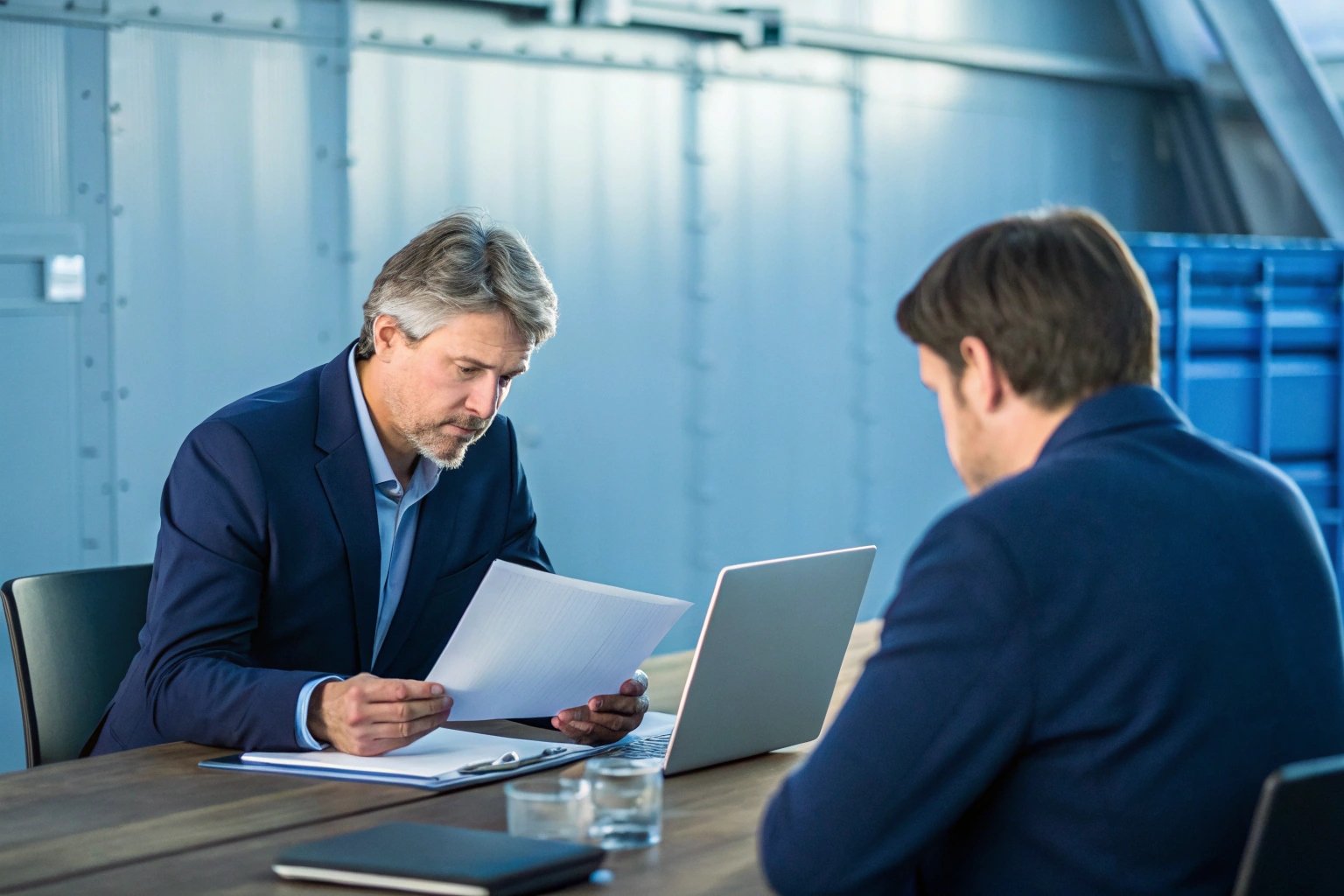 Two businessmen with documents in office.