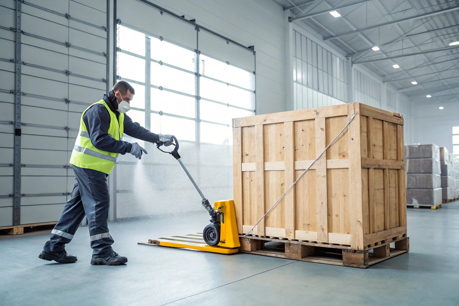 Worker maneuvering pallet jack in storage area.
