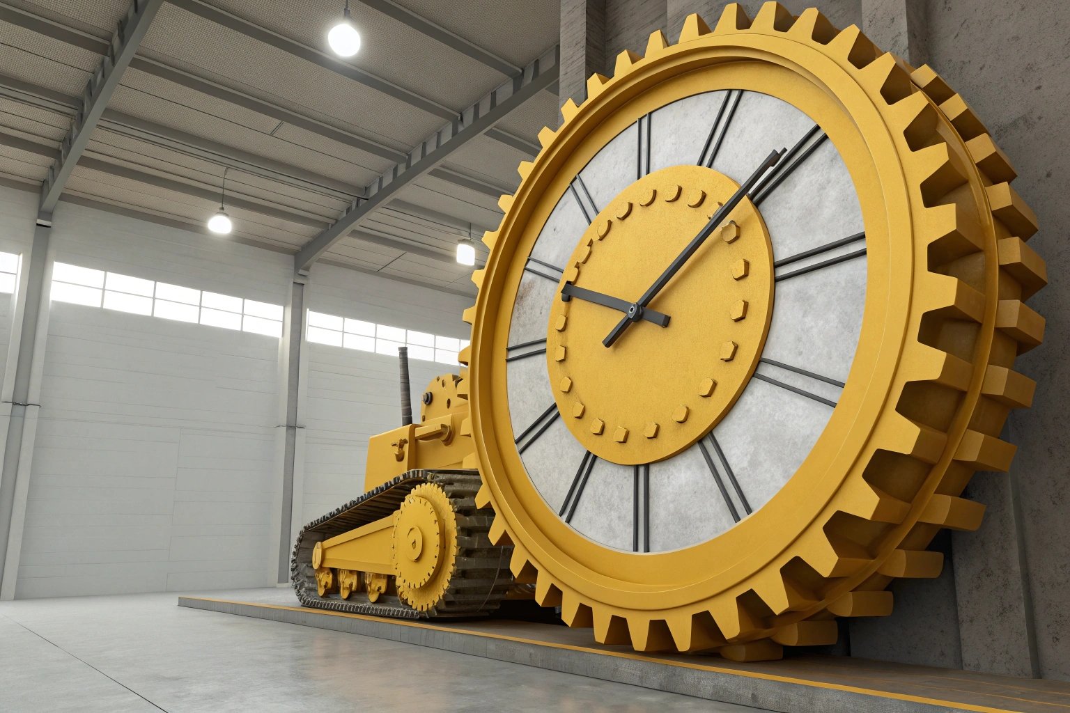 Large gear and bulldozer in warehouse.