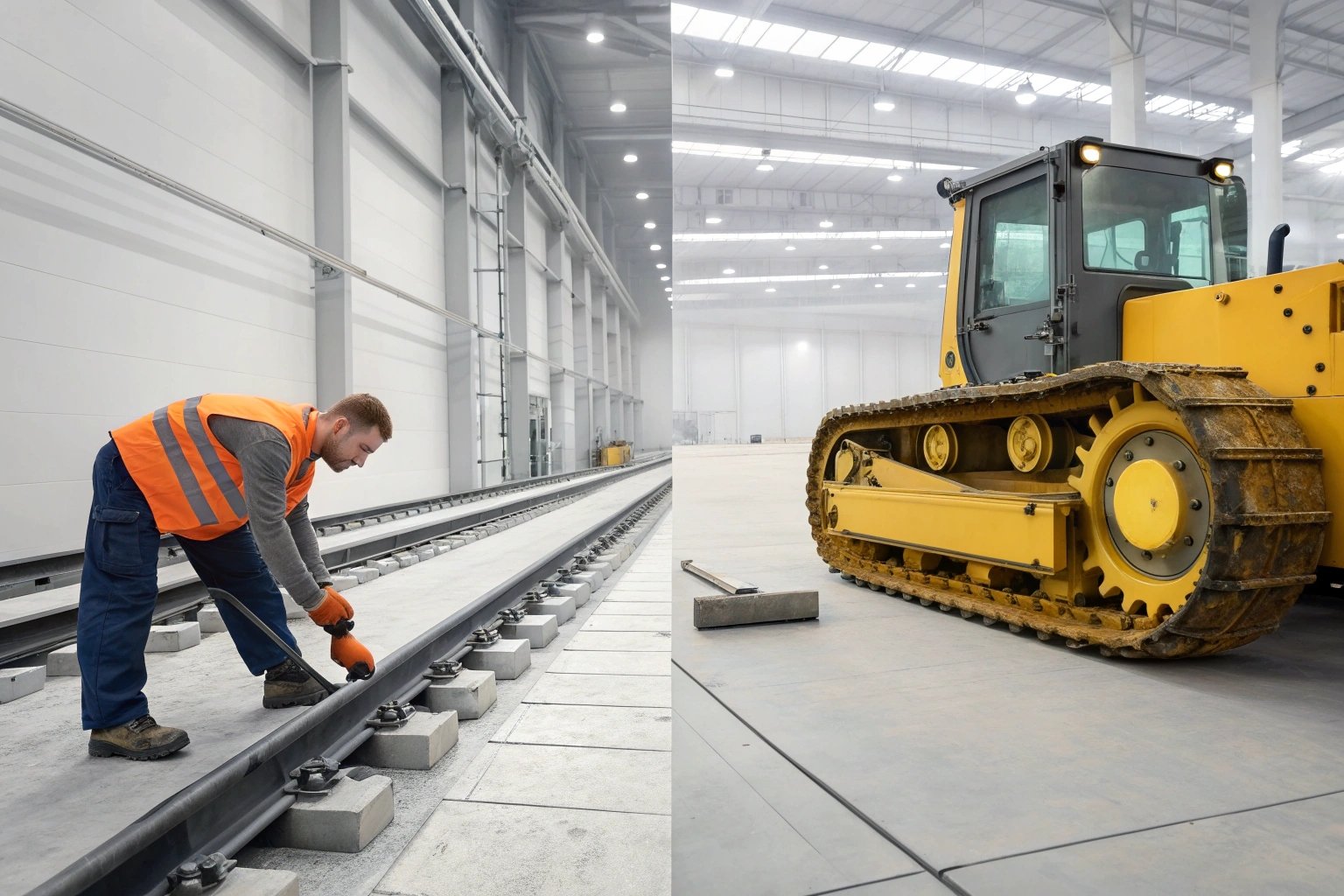 Laborer adjusts rail track, machinery inside warehouse.