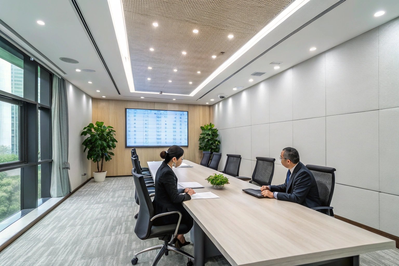Boardroom meeting reviewing performance dashboard on large screen