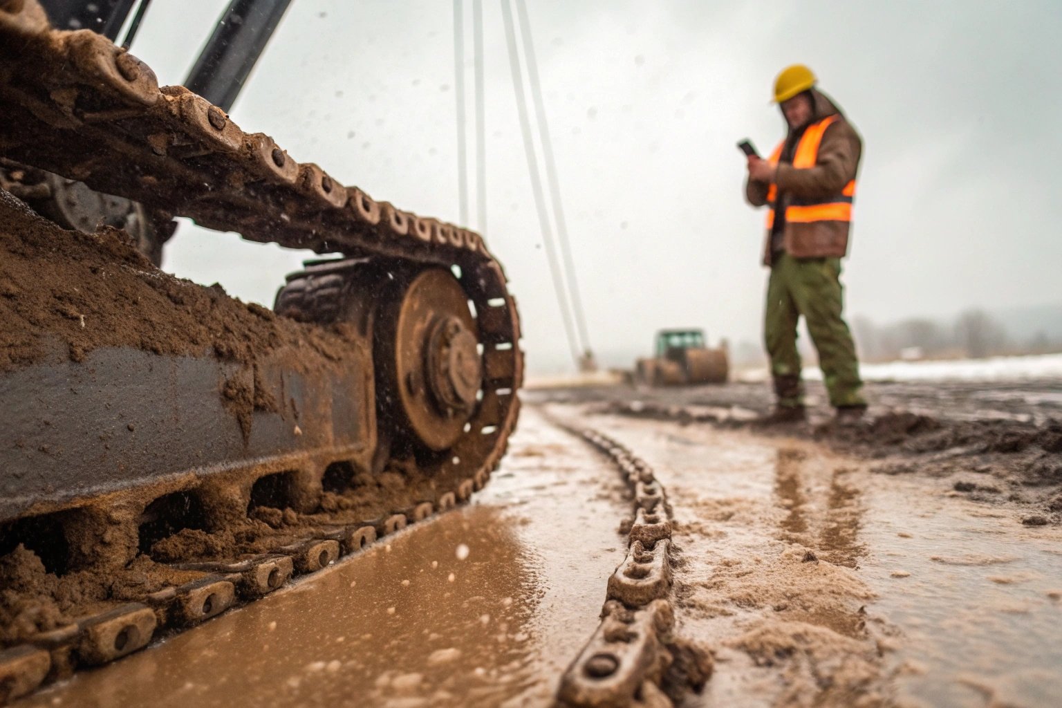 Close-up image of muddy excavator tracks on construction site