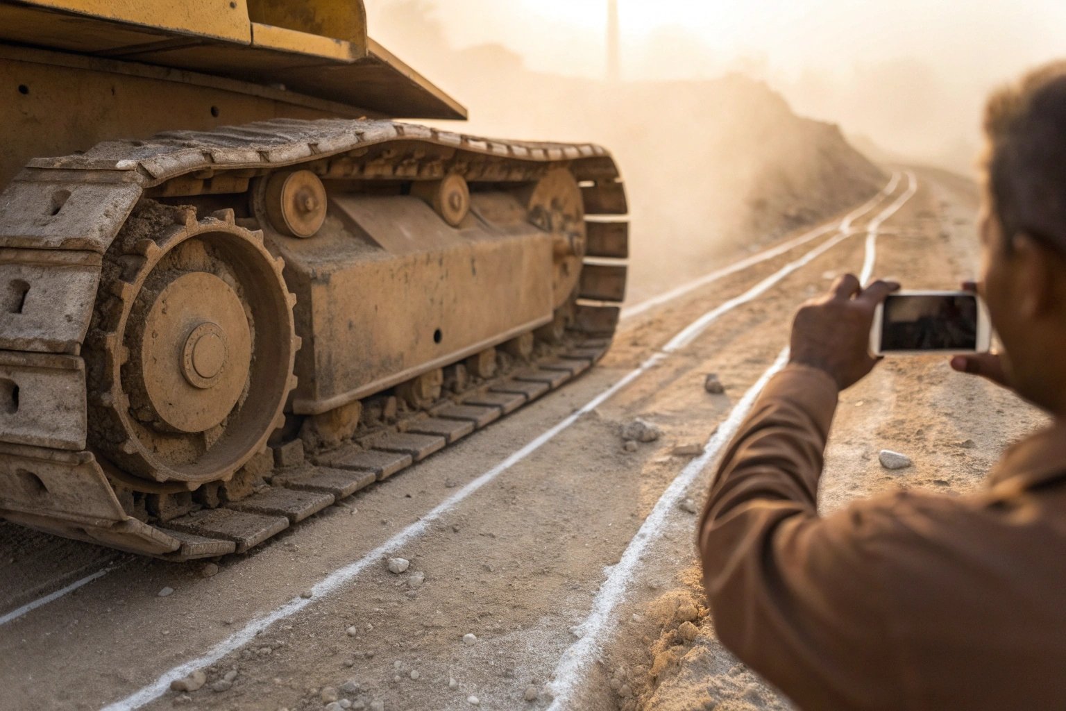 Engineer taking photo of bulldozer tracks