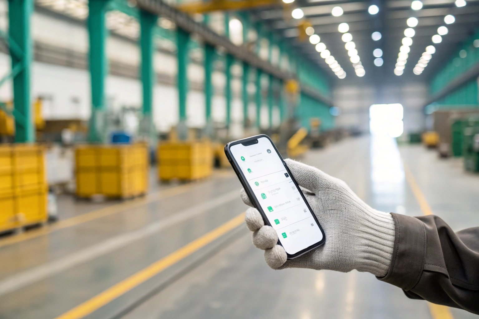 Gloved technician using mobile maintenance app on factory floor