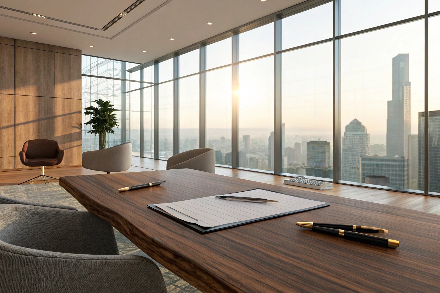 Executive boardroom with skyline view, notepad and pens on wooden table