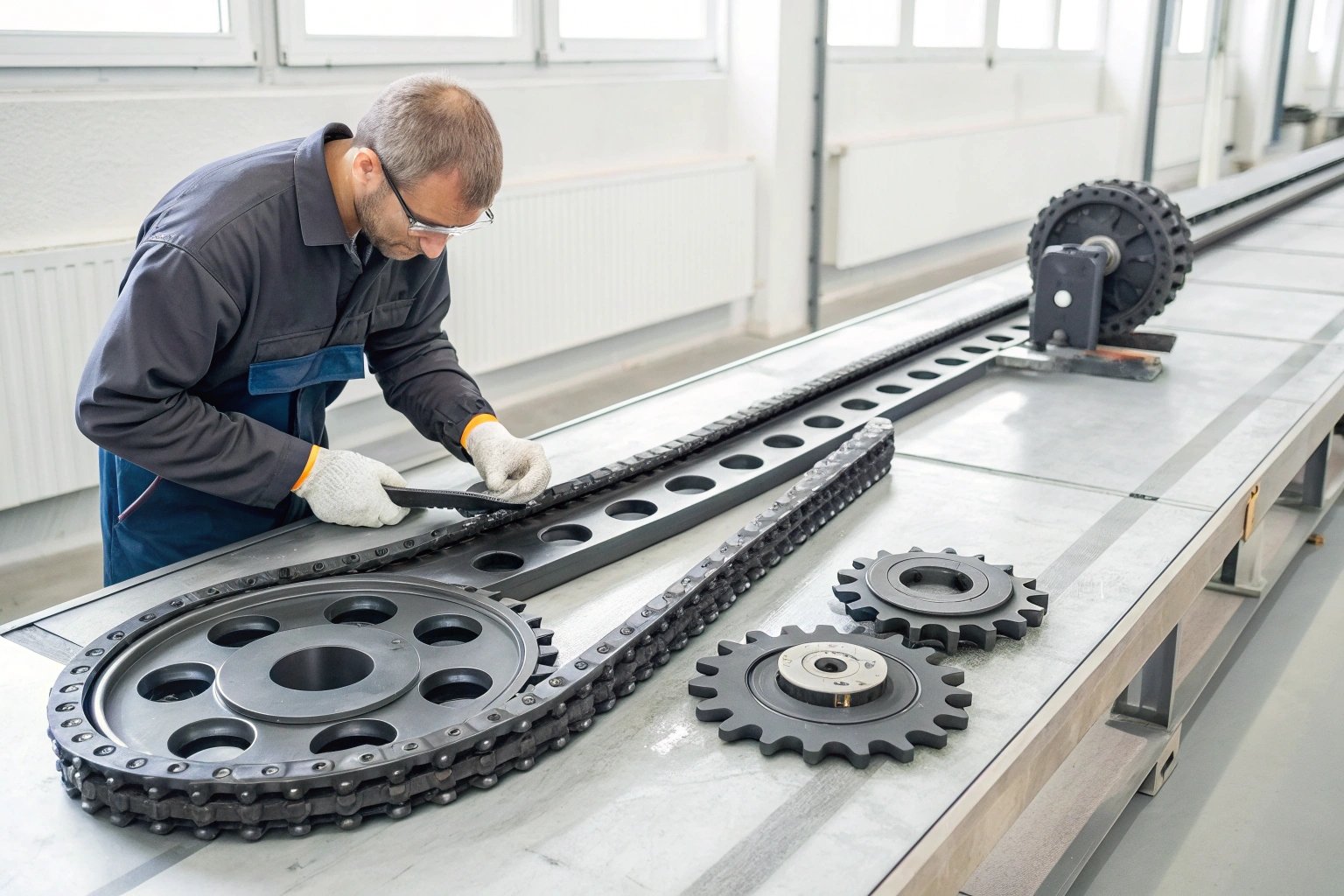 Technician assembling conveyor chain and sprockets on precision test bench