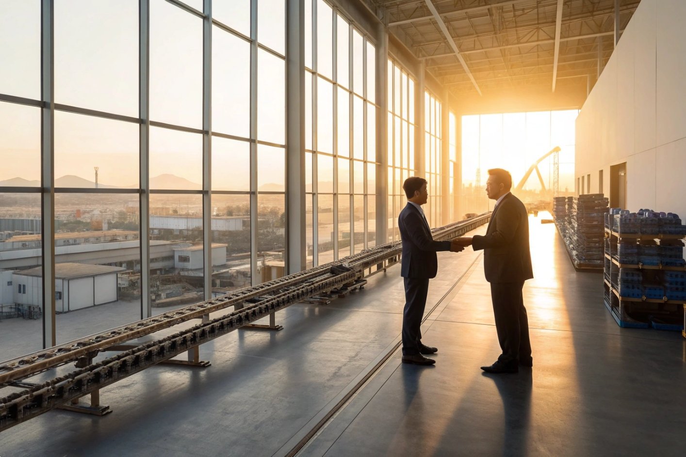 Business partners shaking hands in factory near production conveyor.