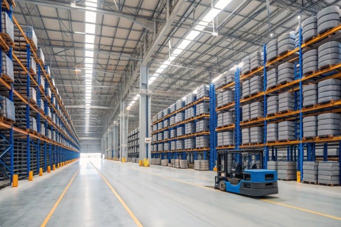 Large warehouse with forklift in aisle