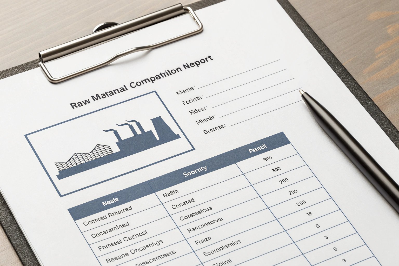 Document showing raw material report on clipboard