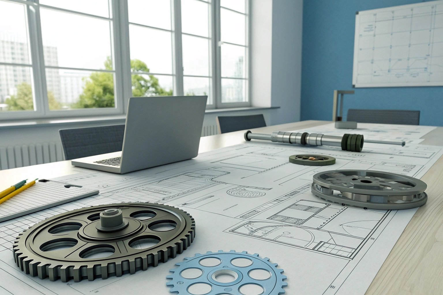 Office space showing engineering plans and laptop