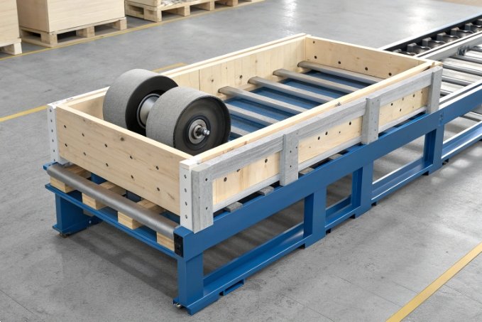 Crate with large machinery wheels