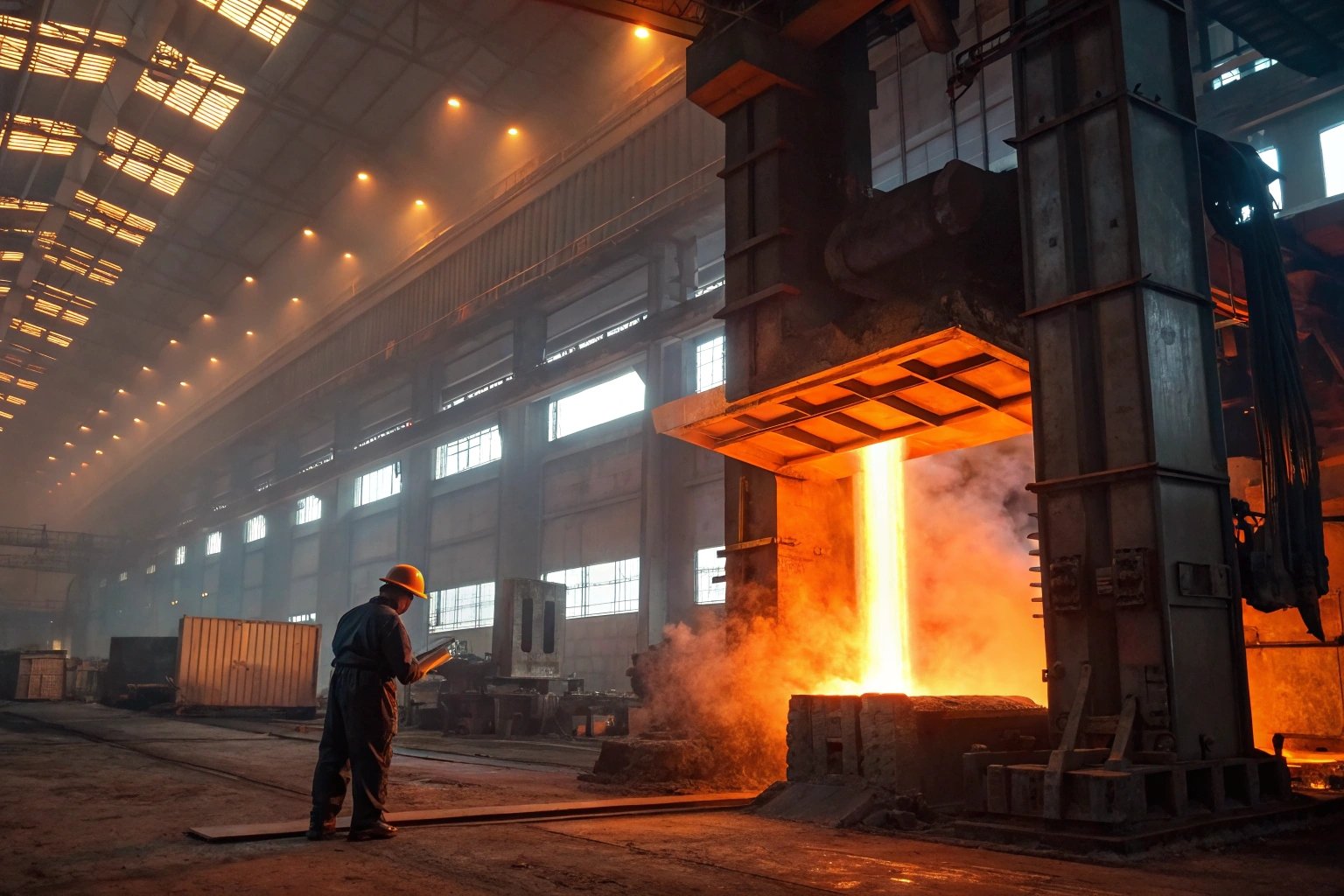 Operator supervises molten metal pouring in a foundry for manufacturing processes.