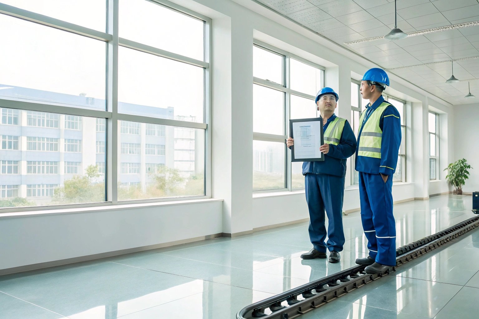 Industrial workers showcasing blueprint in modern facility with large windows