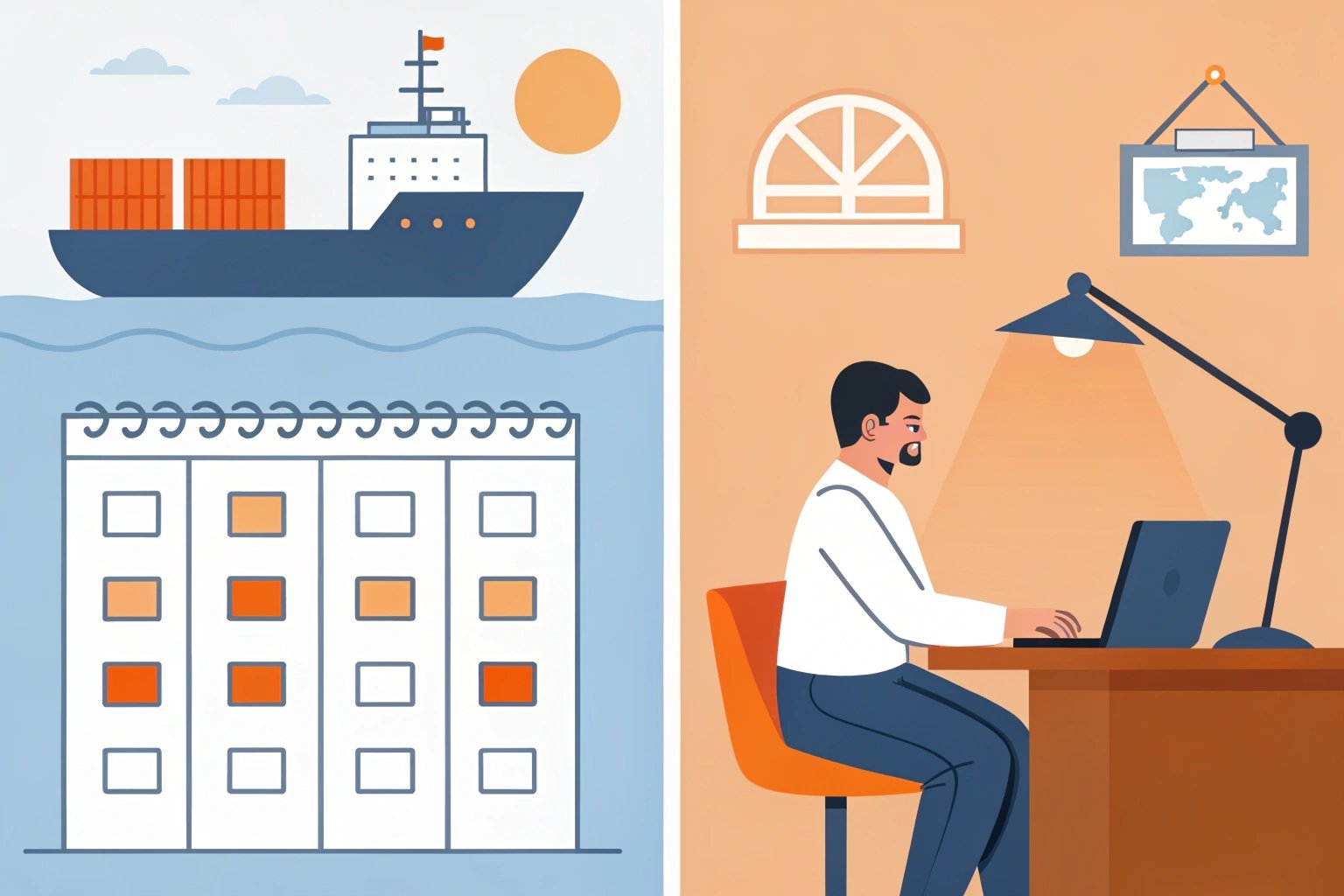 Shipping Planning Cargo ship with scheduling planner and office worker